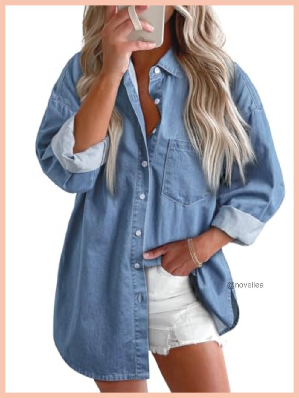 Women's Denim Button Down Shirt Long Sleeve Lapel Collar Casual